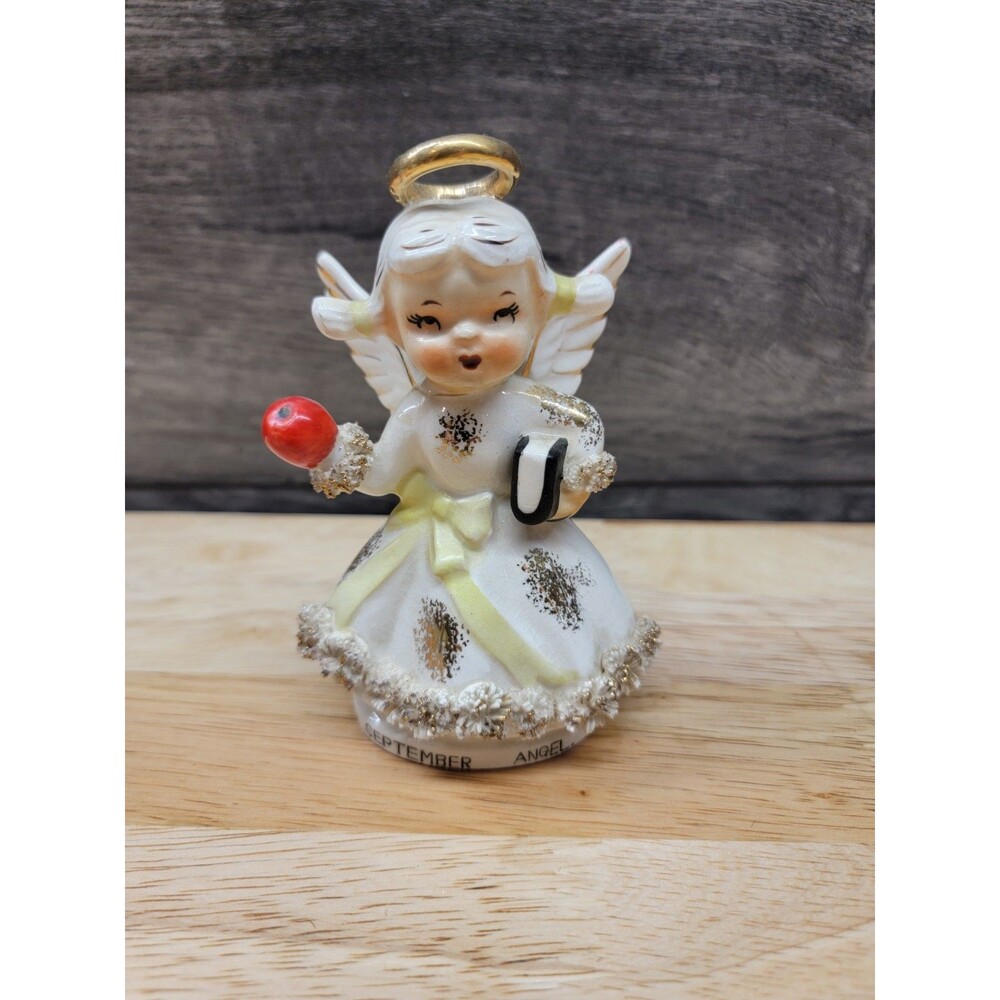 VTG Lefton September Birthday Apple Angel Girl w Orig Sticker Figurine See Pic